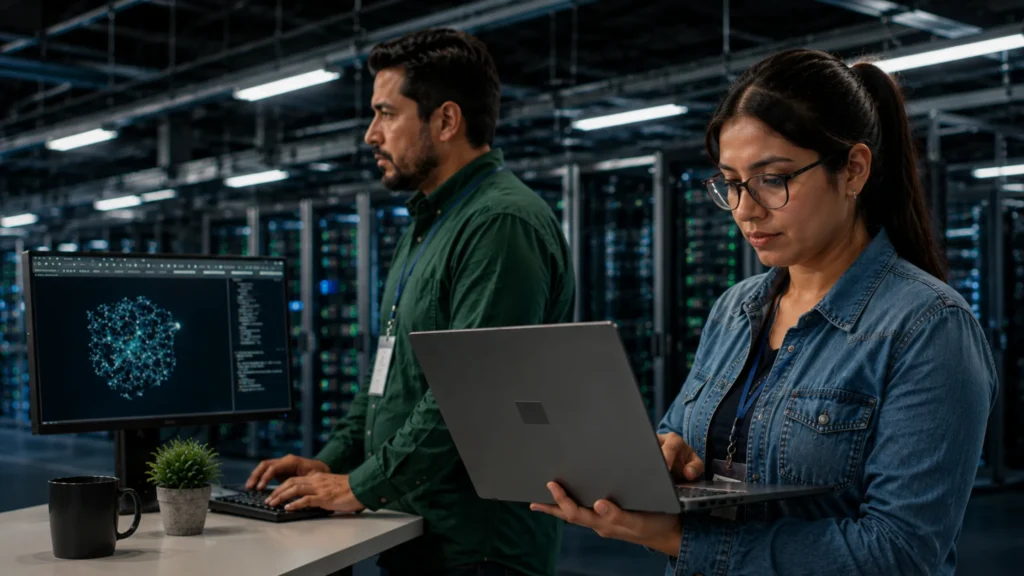 Hombre-y-mujer-revisando-temas-de-SAP-en-computadoras