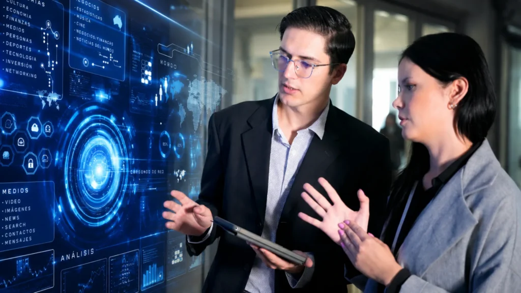 Mujer-y-hombre-joven-revisando--temas-de-tecnologia
