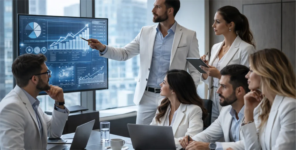 Equipo-de-trabajo-en-oficina-analizando-gráficas