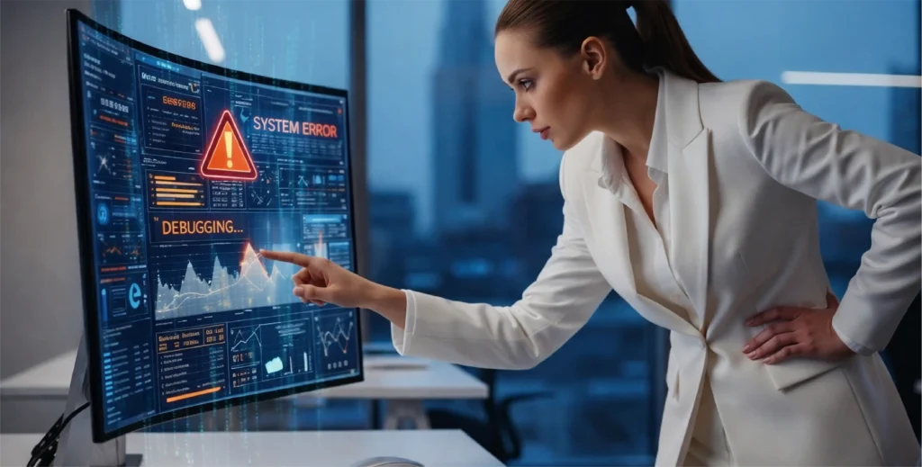 Mujer-joven-tocando-pantalla-co-gráfiica