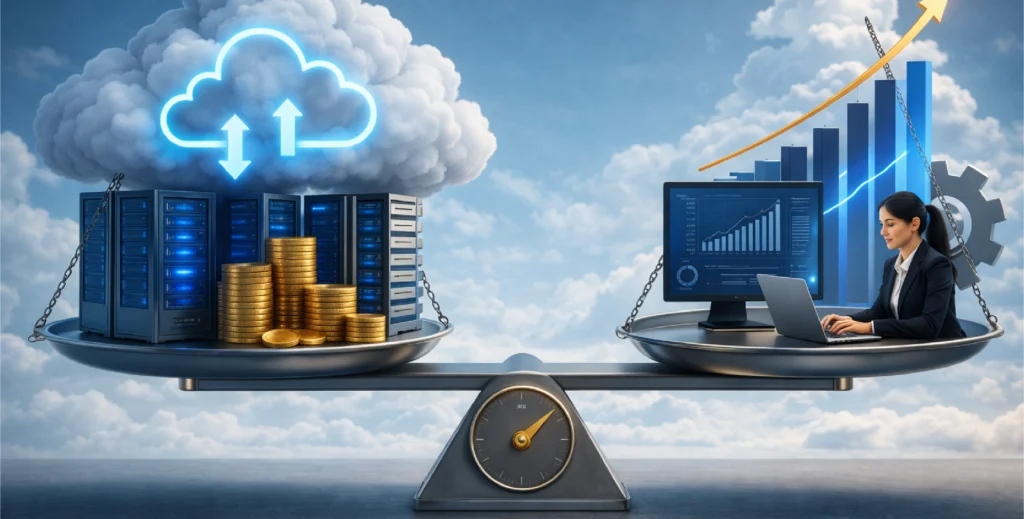 Balnza-en-un-lado-nube-y-dinero-y-del-otro-mujer-con-computadoras